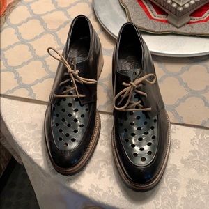Black Leather Perforated Lace-Up Flats